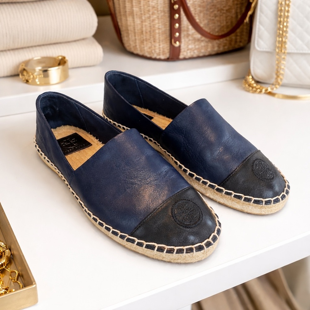 Tory Burch Colorblock Espadrille Flats Leather Navy Black Cap Toe Size 8 - Picture 3 of 9